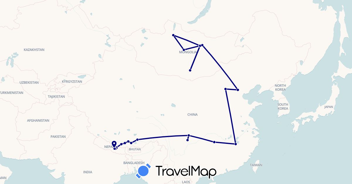 TravelMap itinerary: driving in China, Mongolia, Nepal (Asia)