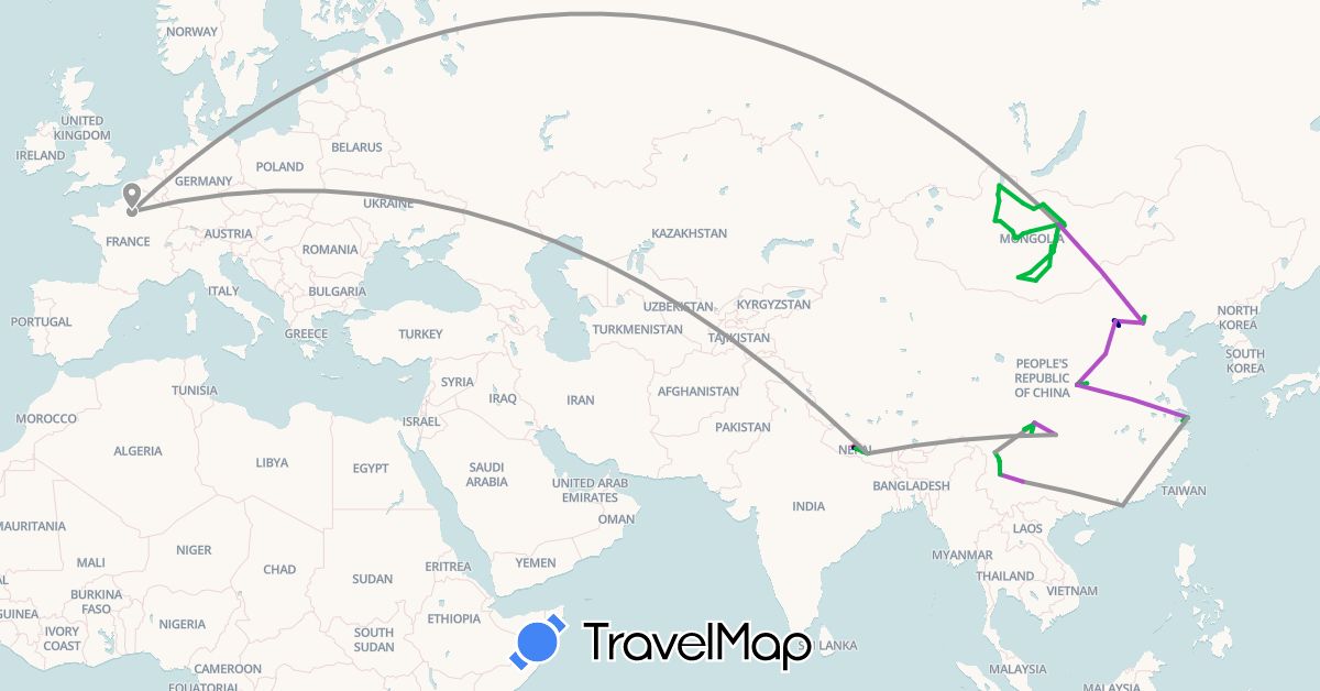 TravelMap itinerary: driving, bus, plane, train, hiking in China, France, Hong Kong, Mongolia, Nepal (Asia, Europe)